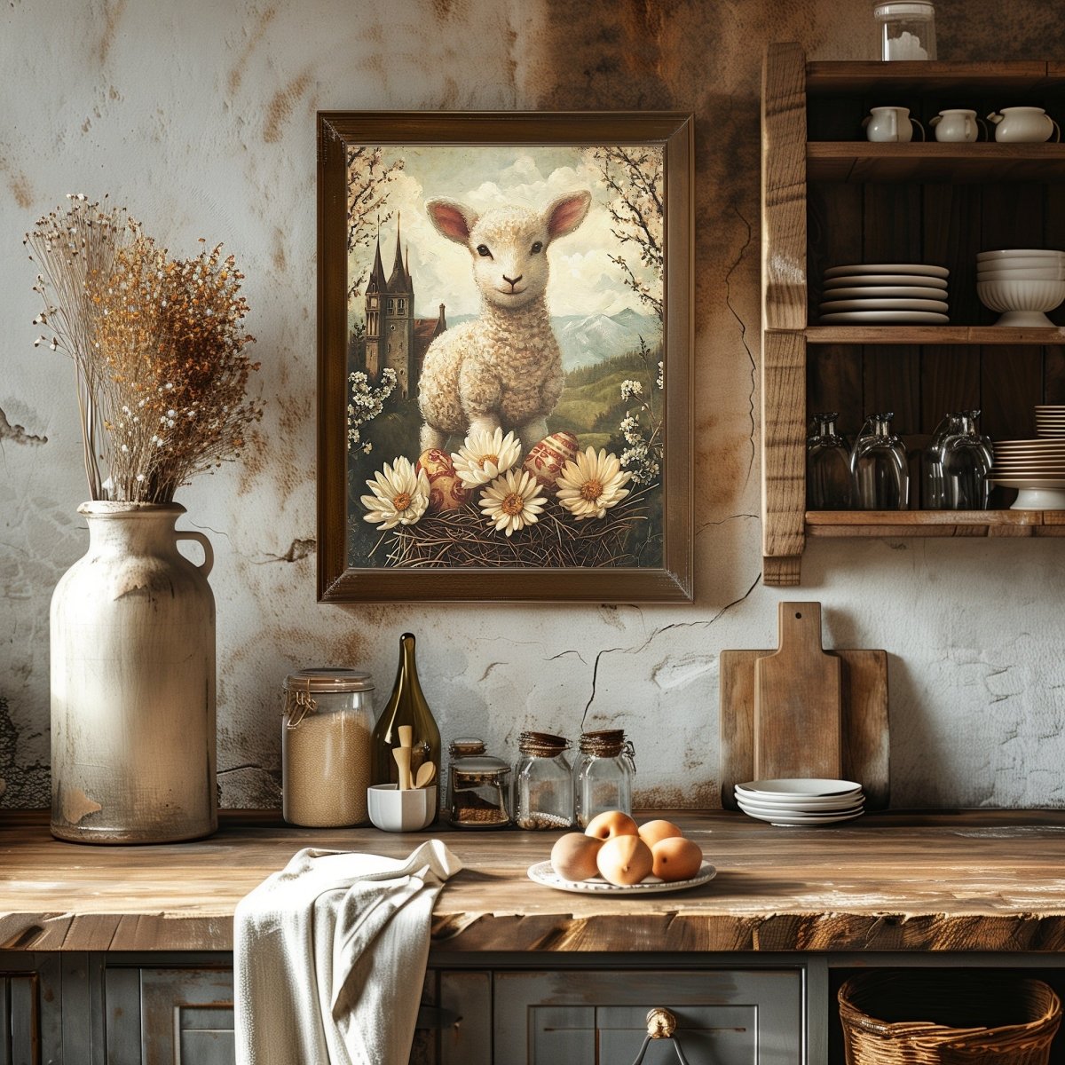 Spring Mountain Lamb with Easter Eggs - Vintage Wall Art Print - Everything Pixel