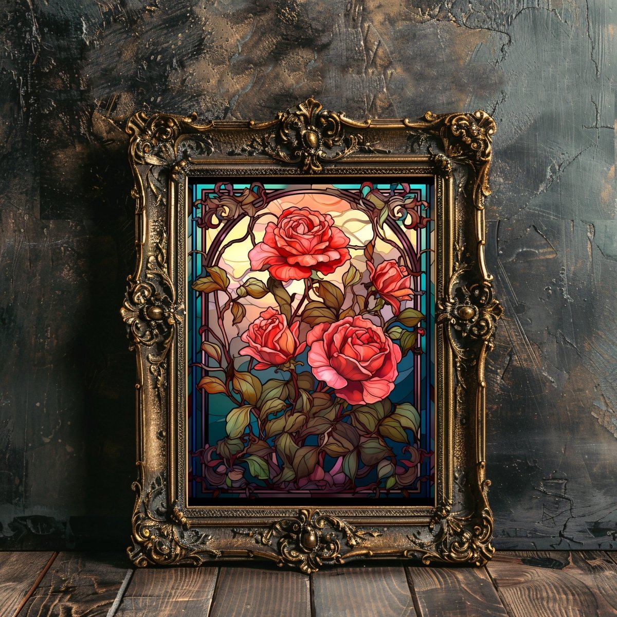 Stained Glass Roses Wall Art Dark Gothic Artwork Moody Painting Witchy Art Gift for Gothic Fans Dark Aesthetic Room Decor Paper Poster Print - Everything Pixel