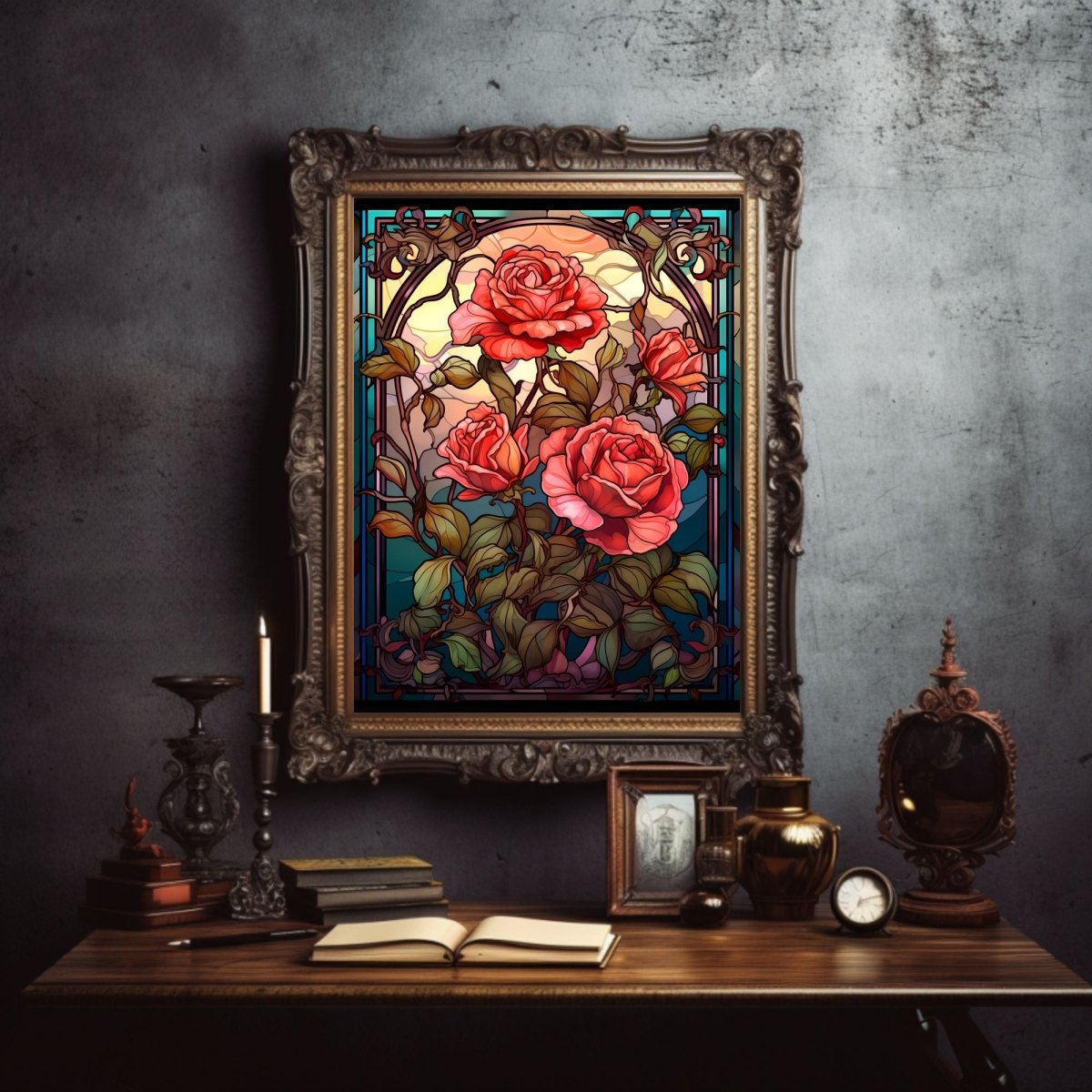 Stained Glass Roses Wall Art Dark Gothic Artwork Moody Painting Witchy Art Gift for Gothic Fans Dark Aesthetic Room Decor Paper Poster Print - Everything Pixel