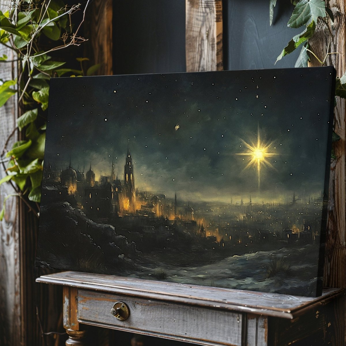 Star of Bethlehem Canvas Print – Illuminated Ancient City with Nativity - Inspired Golden Star - Everything Pixel