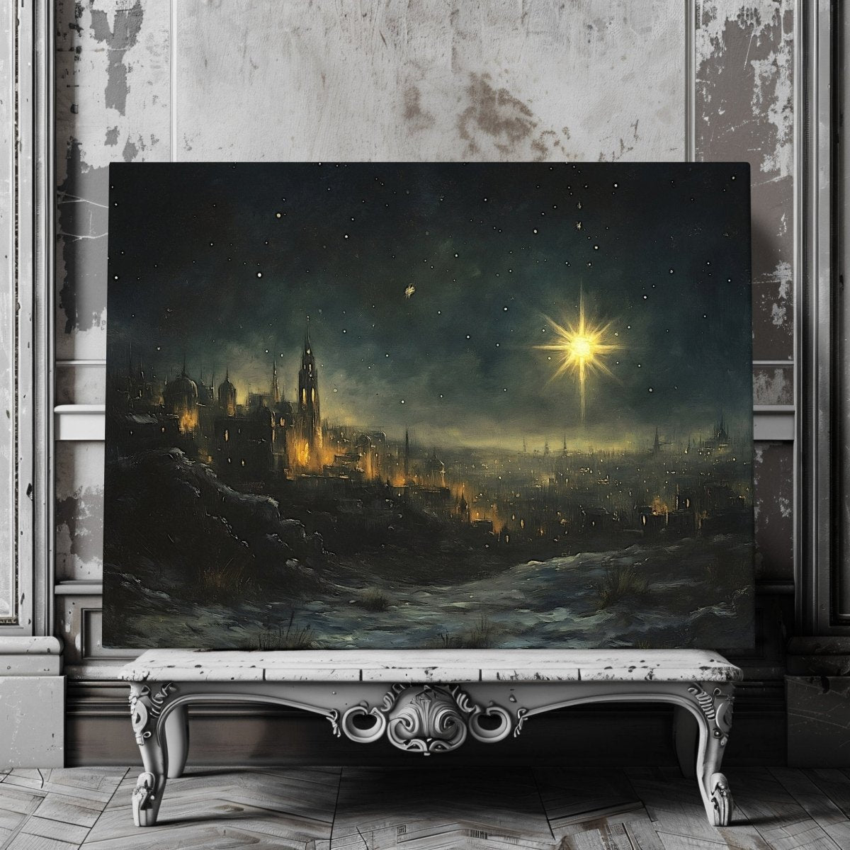 Star of Bethlehem Canvas Print – Illuminated Ancient City with Nativity - Inspired Golden Star - Everything Pixel