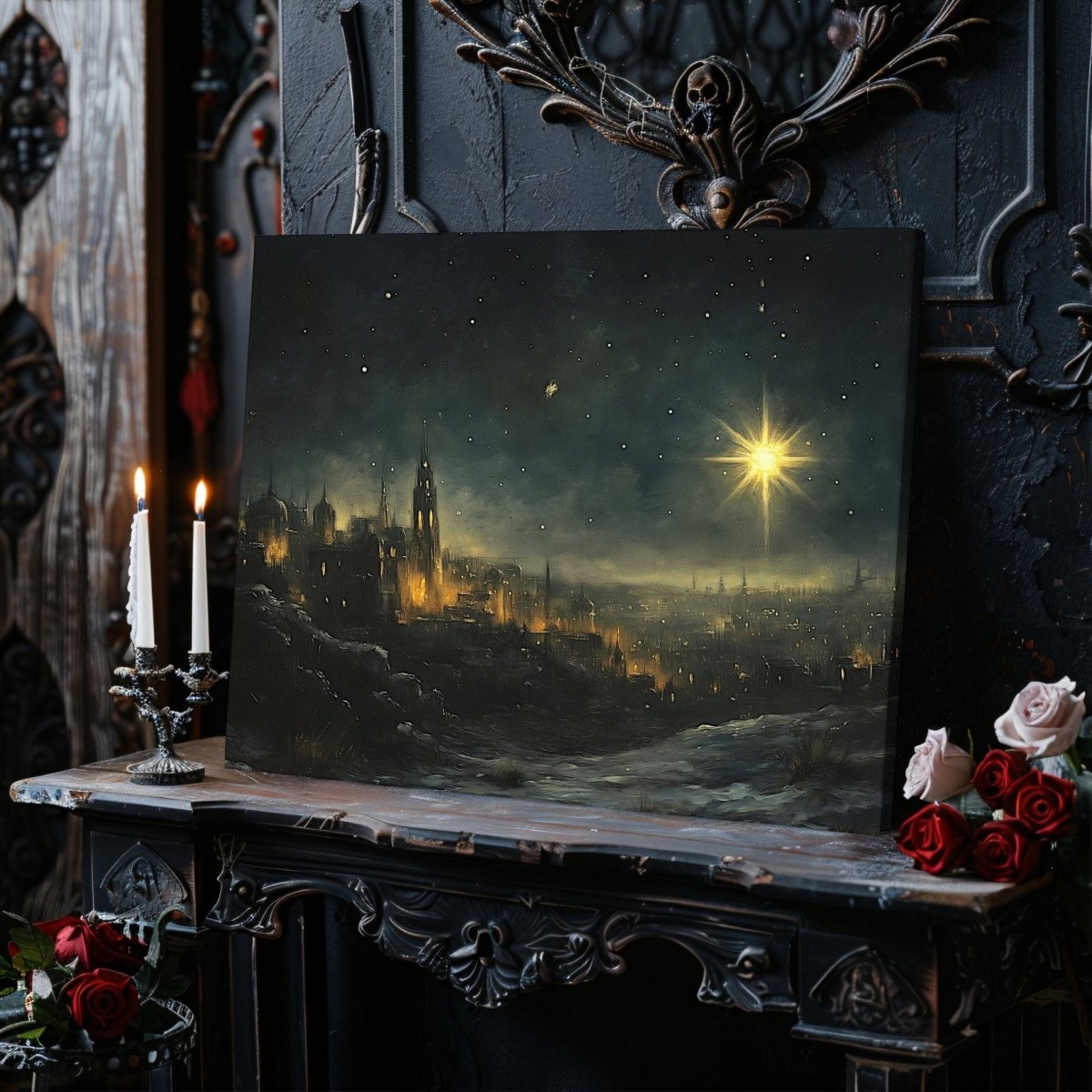 Star of Bethlehem Canvas Print – Illuminated Ancient City with Nativity - Inspired Golden Star - Everything Pixel