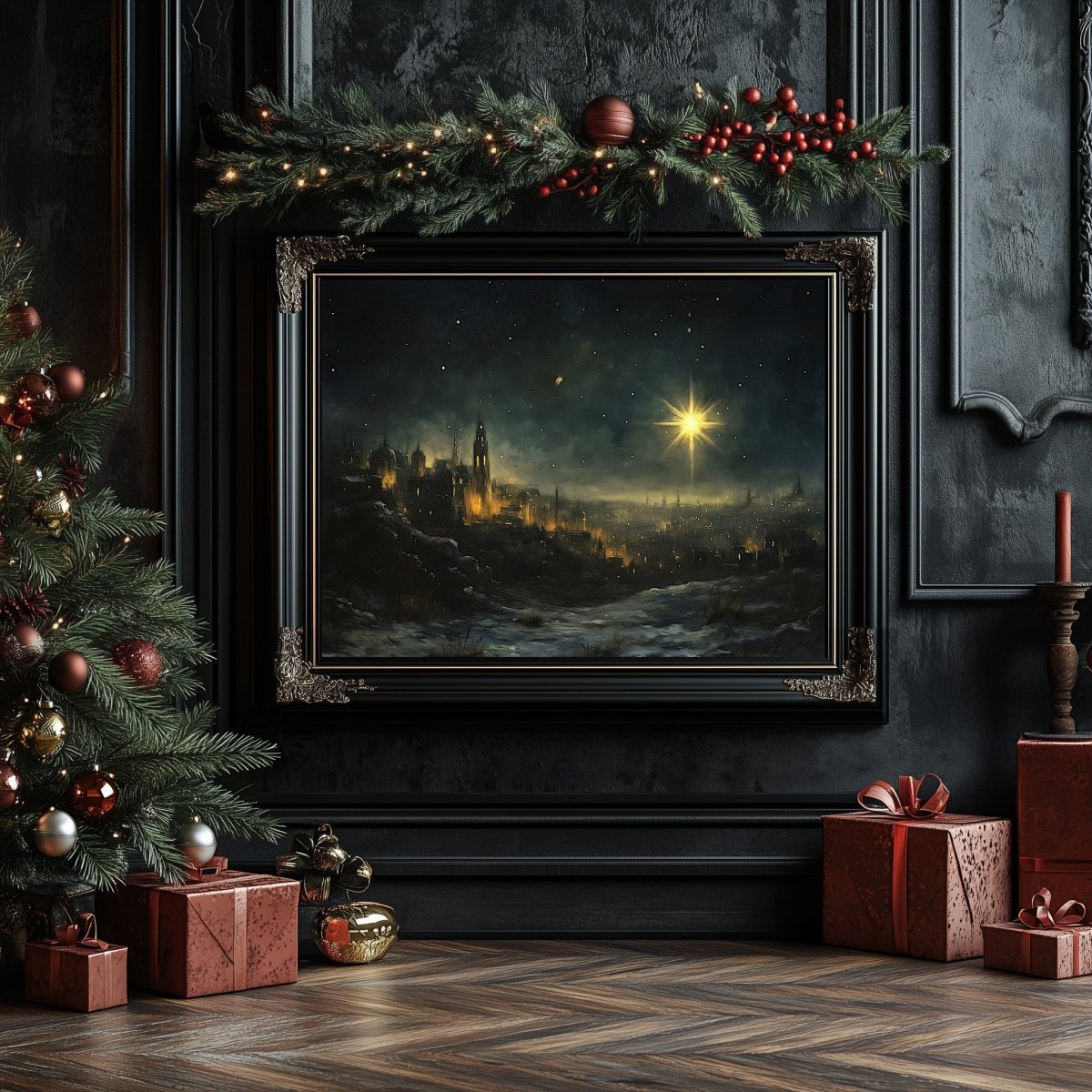 Star of Bethlehem Wall Art Print – Golden Star Illuminating Ancient City, Nativity Inspired Scene - Everything Pixel