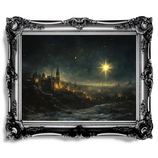 Star of Bethlehem Wall Art Print – Golden Star Illuminating Ancient City, Nativity Inspired Scene - Everything Pixel