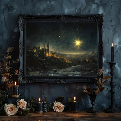 Star of Bethlehem Wall Art Print – Golden Star Illuminating Ancient City, Nativity Inspired Scene - Everything Pixel