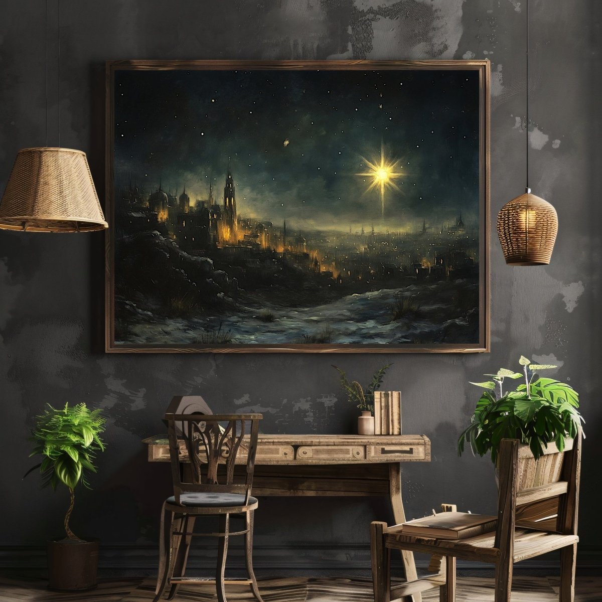 Star of Bethlehem Wall Art Print – Golden Star Illuminating Ancient City, Nativity Inspired Scene - Everything Pixel