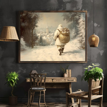 Traditional Santa Claus Wall Art Print – Nostalgic Winter Scene with Golden Gift Sack in Snowy Forest - Everything Pixel