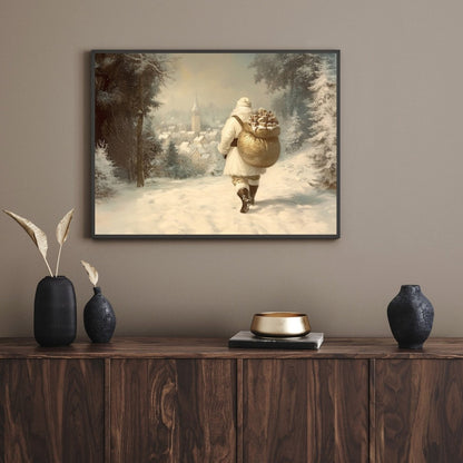 Traditional Santa Claus Wall Art Print – Nostalgic Winter Scene with Golden Gift Sack in Snowy Forest - Everything Pixel