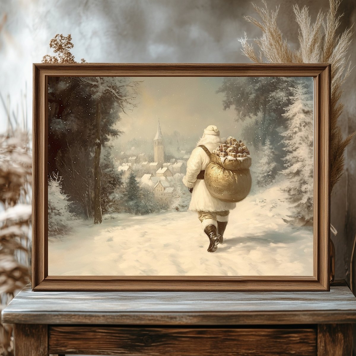 Traditional Santa Claus Wall Art Print – Nostalgic Winter Scene with Golden Gift Sack in Snowy Forest - Everything Pixel