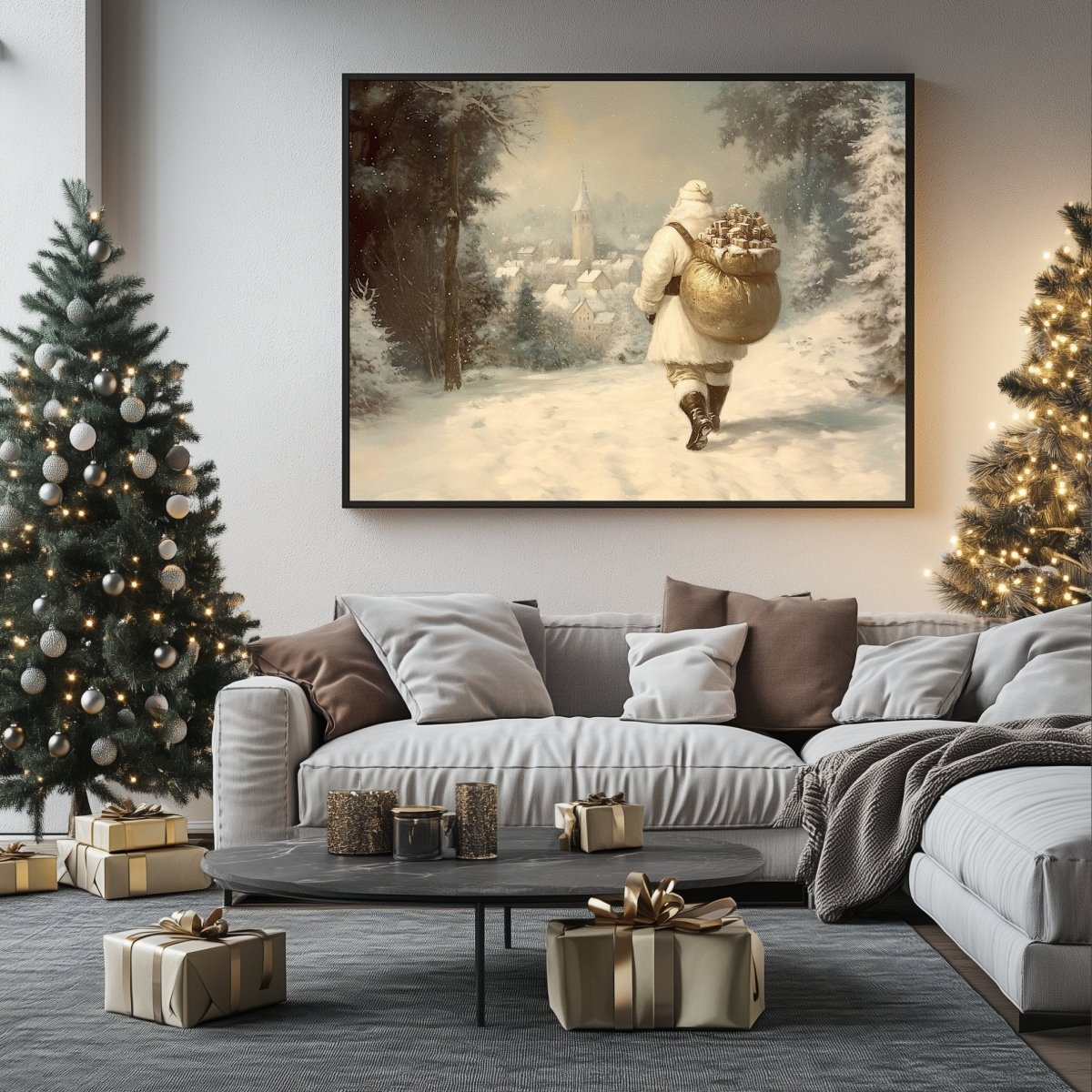 Traditional Santa Claus Wall Art Print – Nostalgic Winter Scene with Golden Gift Sack in Snowy Forest - Everything Pixel