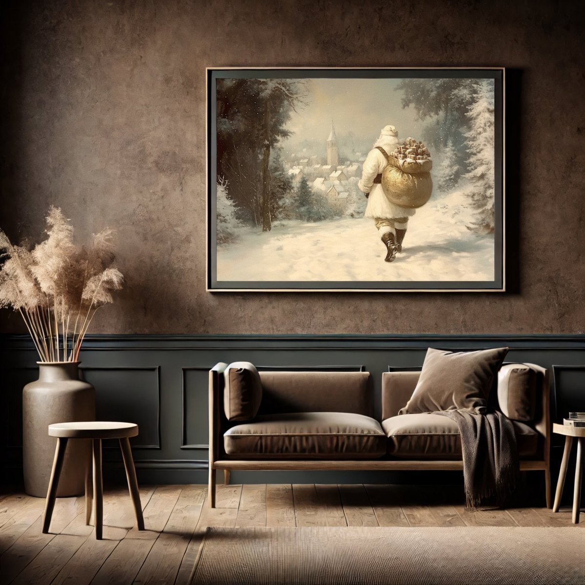 Traditional Santa Claus Wall Art Print – Nostalgic Winter Scene with Golden Gift Sack in Snowy Forest - Everything Pixel