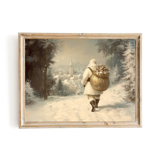 Traditional Santa Claus Wall Art Print – Nostalgic Winter Scene with Golden Gift Sack in Snowy Forest - Everything Pixel