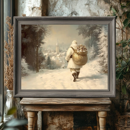 Traditional Santa Claus Wall Art Print – Nostalgic Winter Scene with Golden Gift Sack in Snowy Forest - Everything Pixel