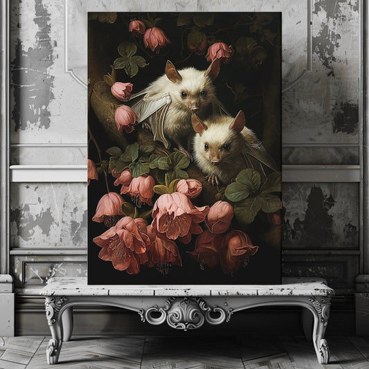 Two Albino Bats in Blooming Tree at Night - Gothic Wall Art Canvas Print - Everything Pixel