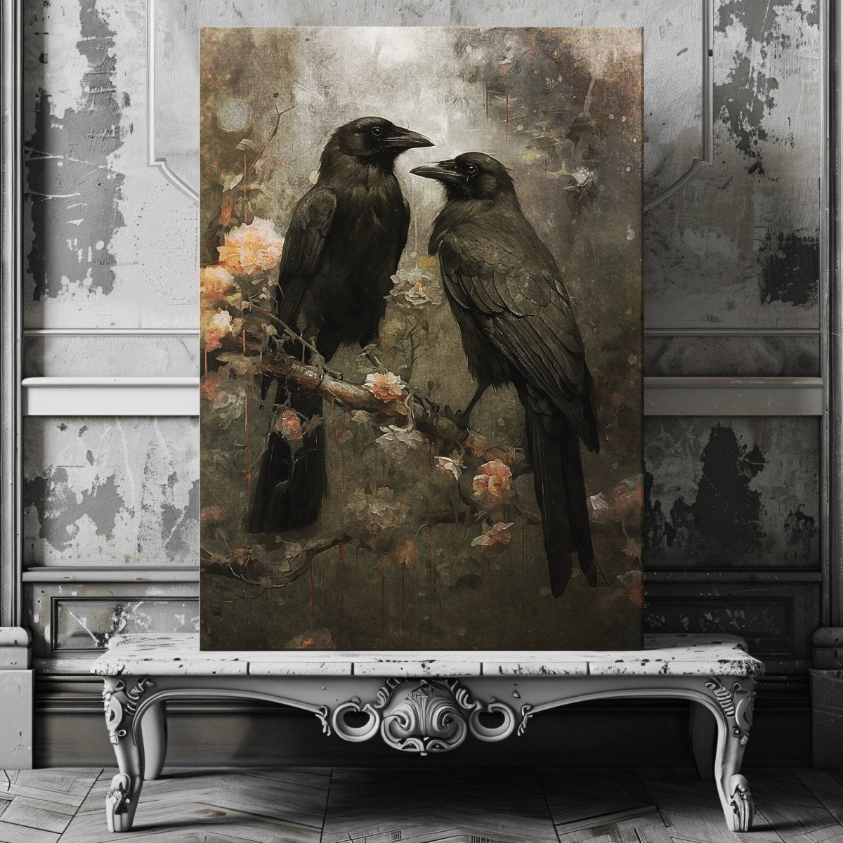 Two Ravens on a Branch with Blooming Flowers - Gothic Wall Art Canvas Print - Everything Pixel