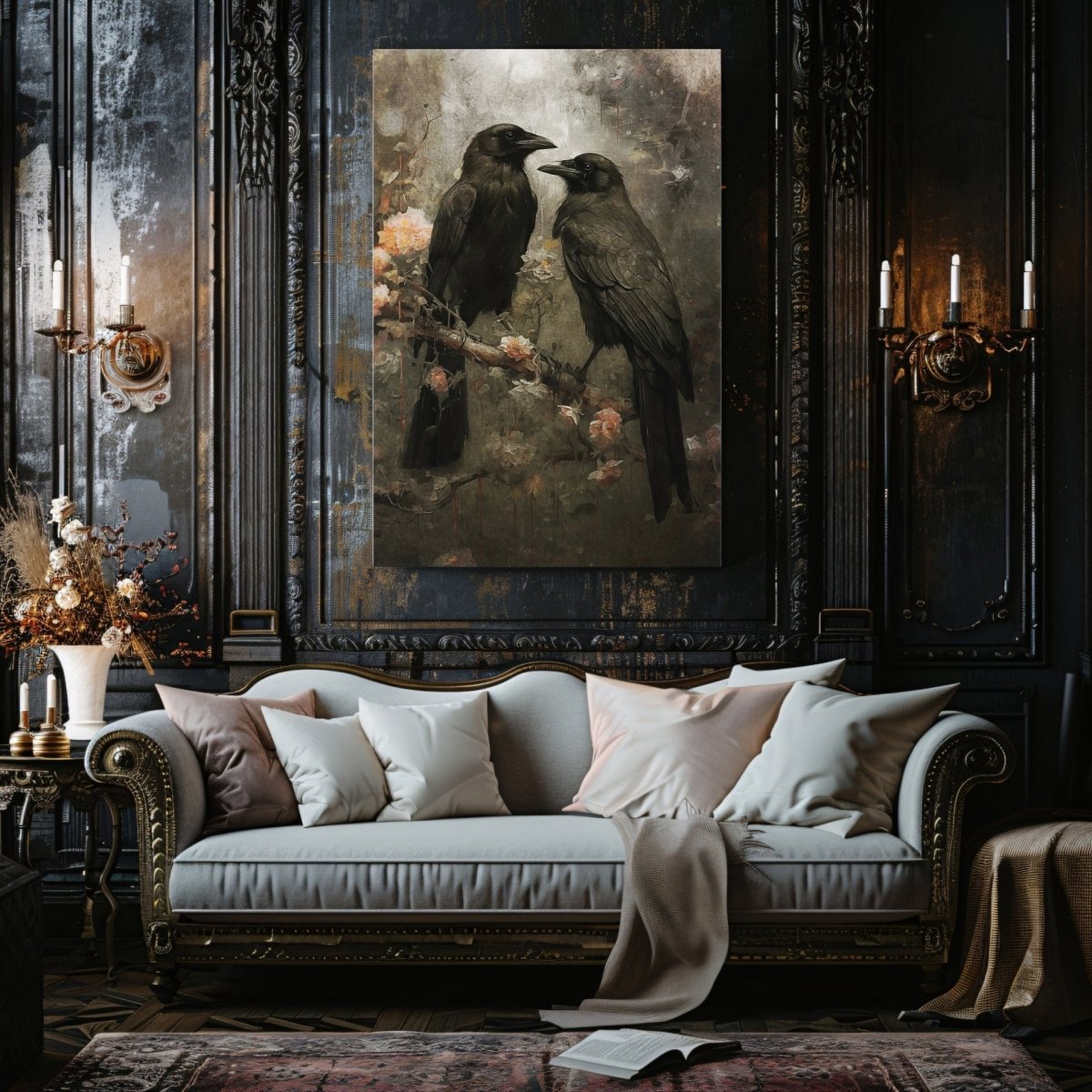 Two Ravens on a Branch with Blooming Flowers - Gothic Wall Art Canvas Print - Everything Pixel