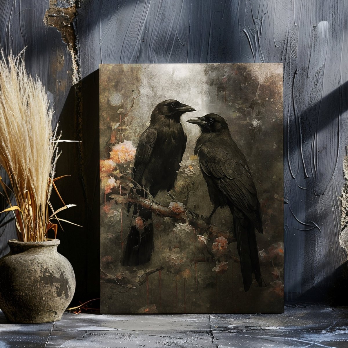 Two Ravens on a Branch with Blooming Flowers - Gothic Wall Art Canvas Print - Everything Pixel