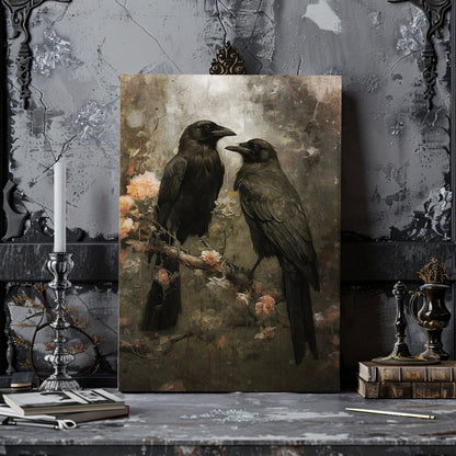 Two Ravens on a Branch with Blooming Flowers - Gothic Wall Art Canvas Print - Everything Pixel