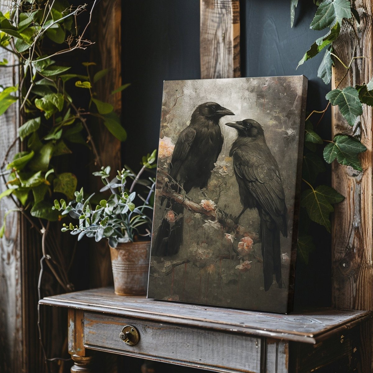 Two Ravens on a Branch with Blooming Flowers - Gothic Wall Art Canvas Print - Everything Pixel