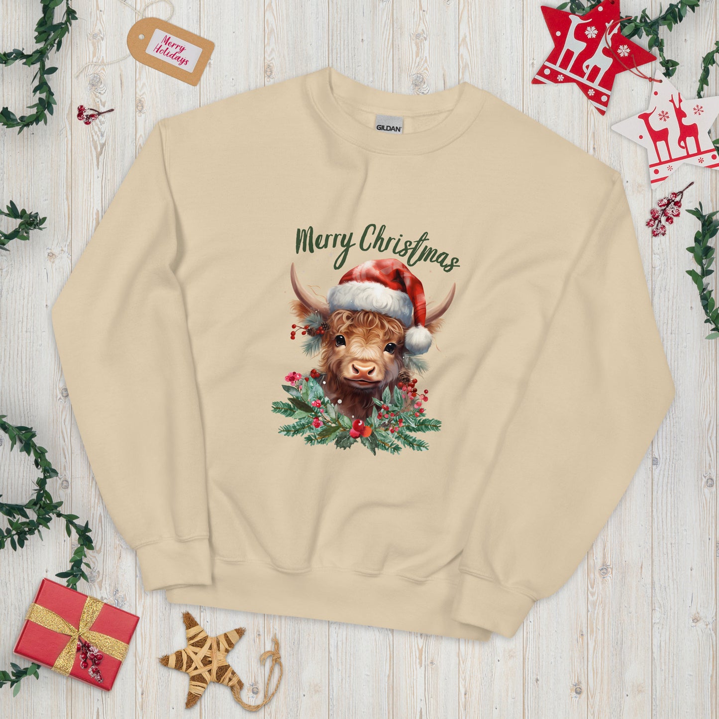 Weihnachts-Highland-Kuh-Pullover – hochwertiges festliches Familien-Unisex-Sweatshirt, Geschenk für Kuhliebhaber, süßes Weihnachtsshirt, Kuh mit Weihnachtsmütze