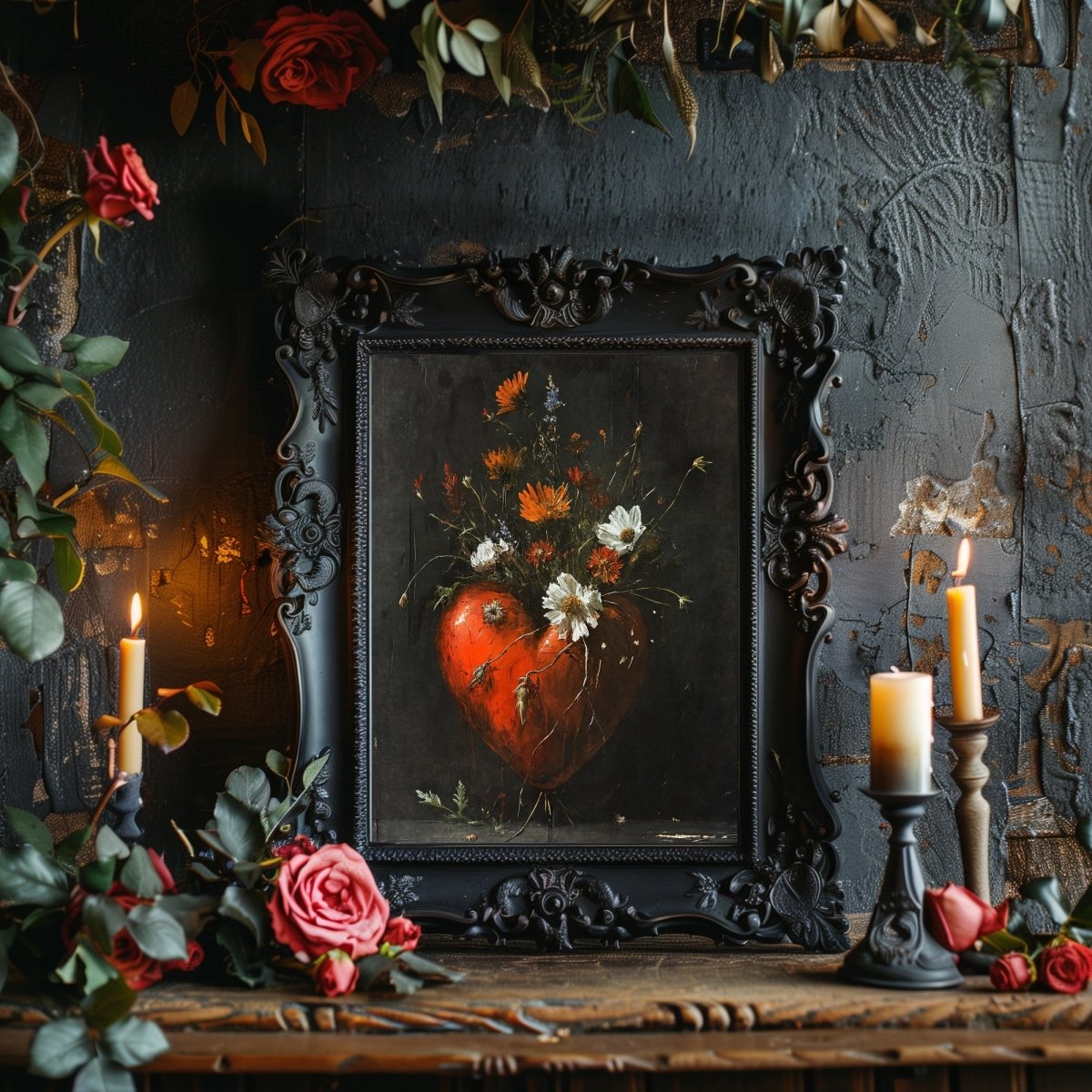 Valentine Wildflowers Wall Art Still Life Oil Painting Heart with Wildflowers Gothic Decor Goblincore Decor Dark Romance Print Paper Poster Print - Everything Pixel