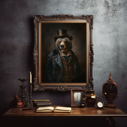 Victorian Bear Gentleman Wall Art Print - Quirky Gothic Animal Art - Everything Pixel