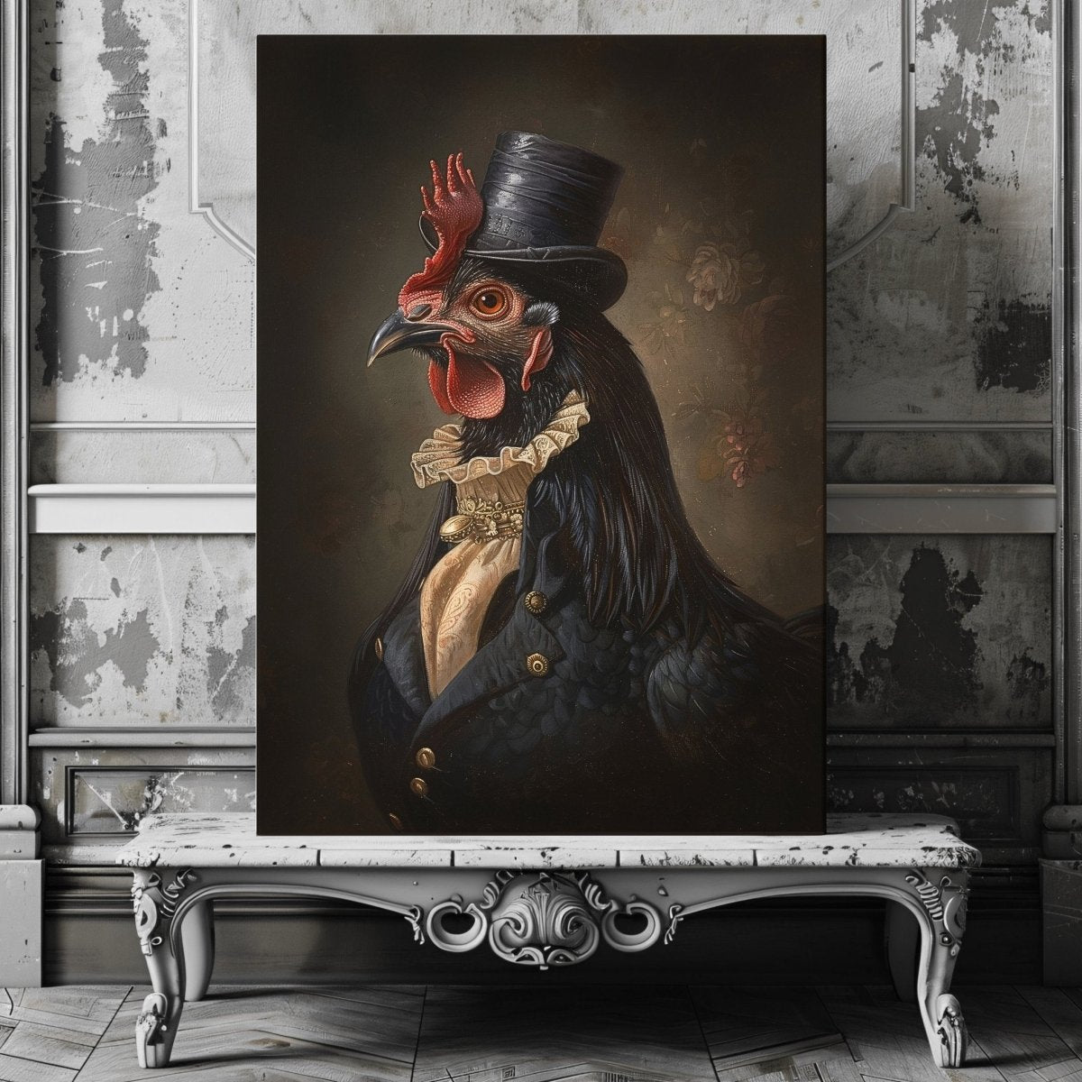 Victorian Black Chicken Canvas Print - Quirky Gothic Animal Portrait Art - Everything Pixel