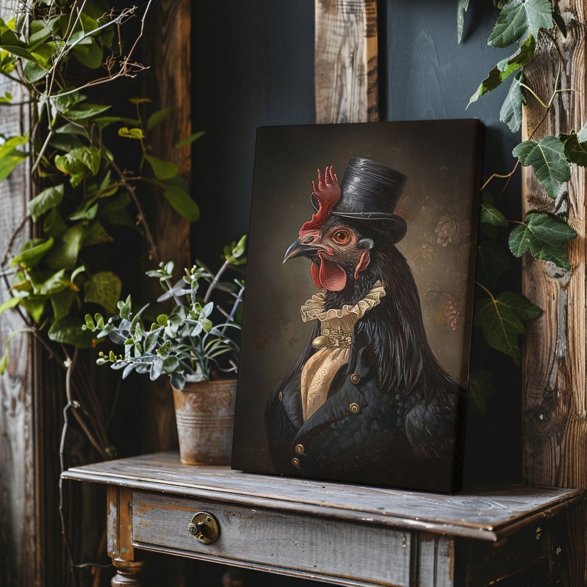 Victorian Black Chicken Canvas Print - Quirky Gothic Animal Portrait Art - Everything Pixel