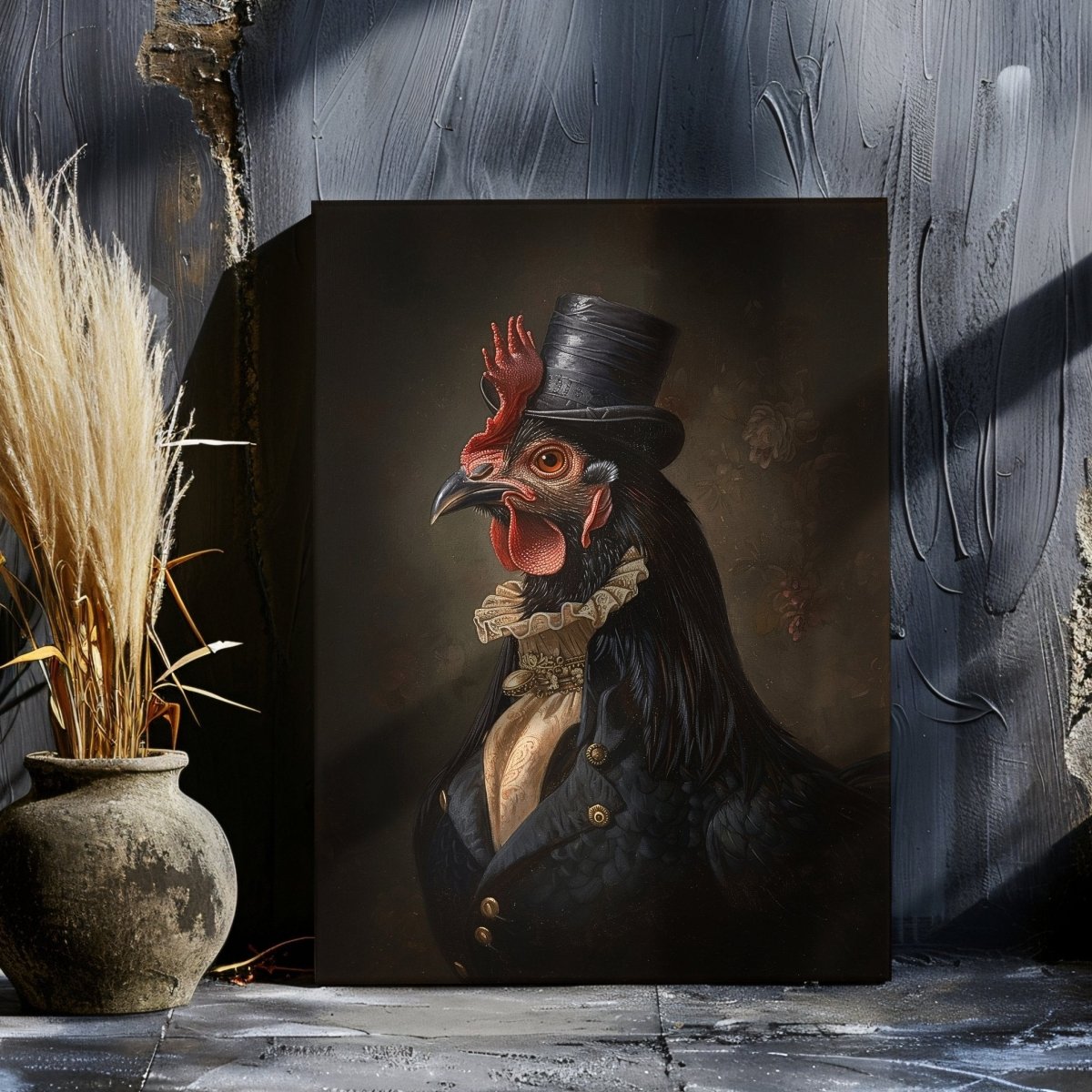 Victorian Black Chicken Canvas Print - Quirky Gothic Animal Portrait Art - Everything Pixel