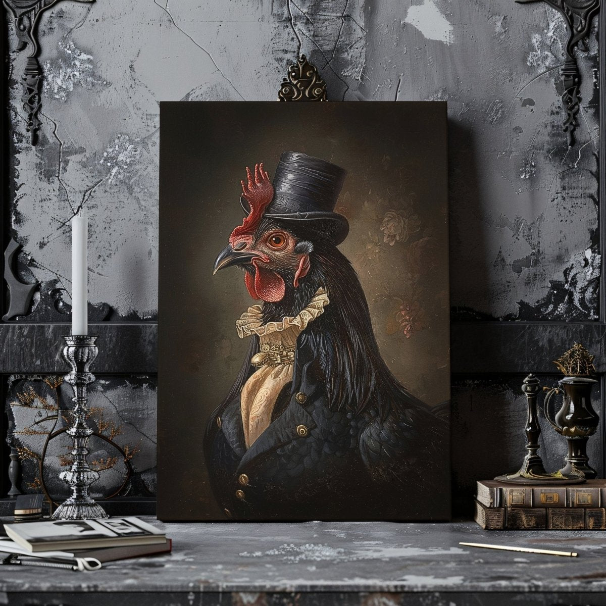 Victorian Black Chicken Canvas Print - Quirky Gothic Animal Portrait Art - Everything Pixel