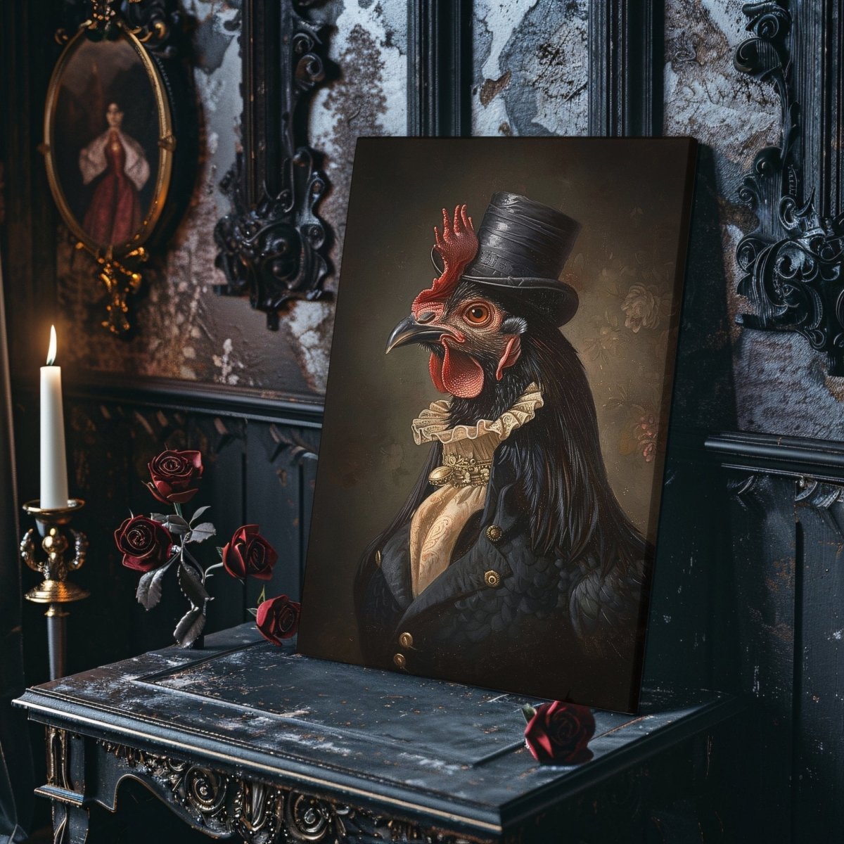 Victorian Black Chicken Canvas Print - Quirky Gothic Animal Portrait Art - Everything Pixel