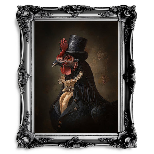 Victorian Black Chicken Wall Art Print - Quirky Gothic Animal Portrait Art - Everything Pixel