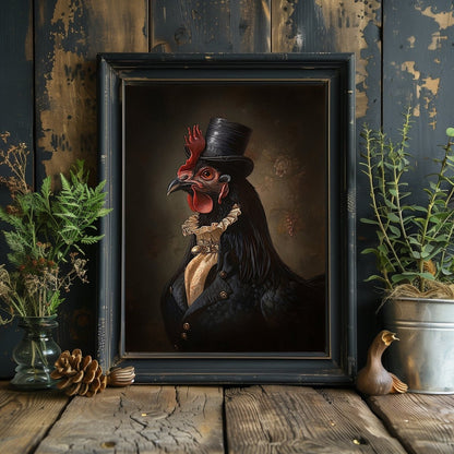 Victorian Black Chicken Wall Art Print - Quirky Gothic Animal Portrait Art - Everything Pixel