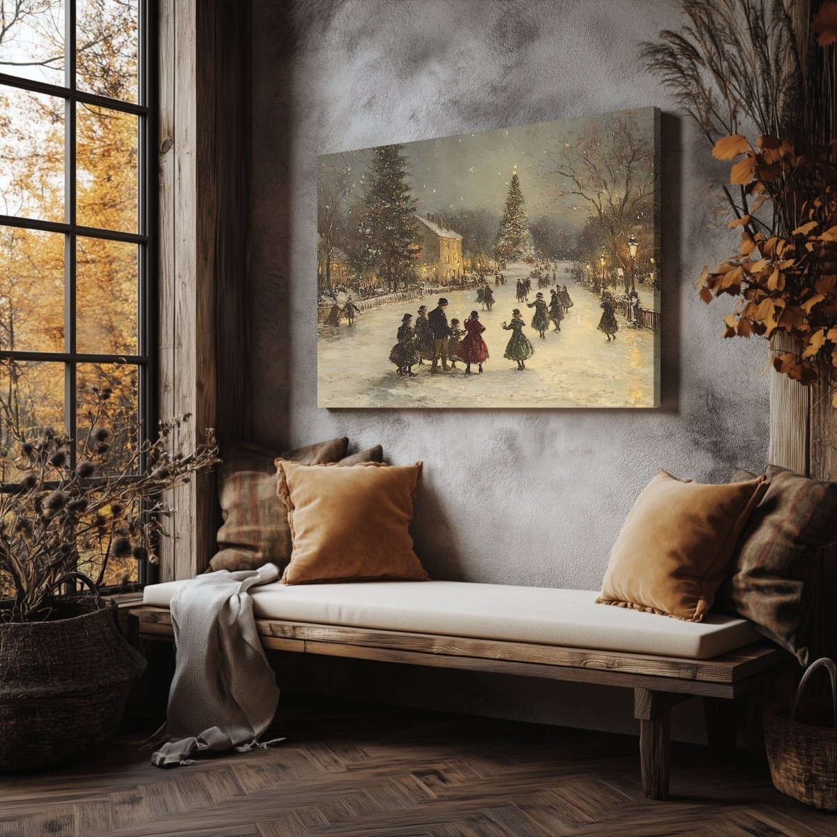 Victorian Christmas Canvas Print – Snowy Village Square, Festive Holiday Gathering - Everything Pixel