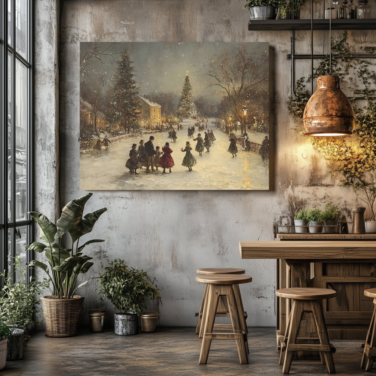 Victorian Christmas Canvas Print – Snowy Village Square, Festive Holiday Gathering - Everything Pixel