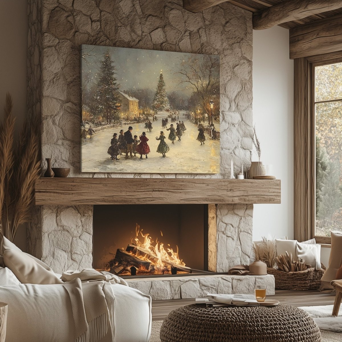 Victorian Christmas Canvas Print – Snowy Village Square, Festive Holiday Gathering - Everything Pixel