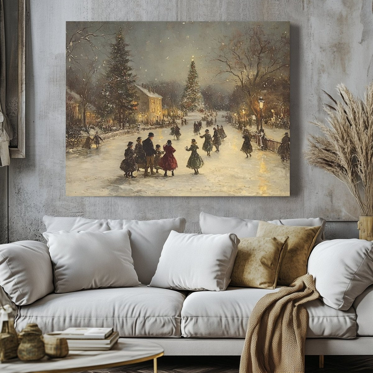 Victorian Christmas Canvas Print – Snowy Village Square, Festive Holiday Gathering - Everything Pixel