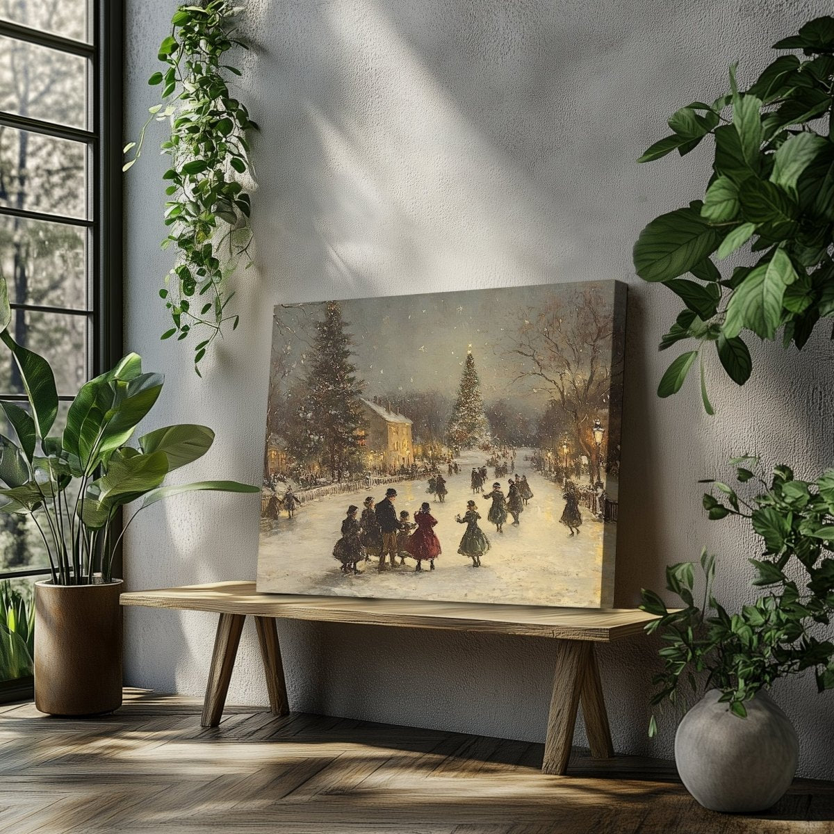 Victorian Christmas Canvas Print – Snowy Village Square, Festive Holiday Gathering - Everything Pixel