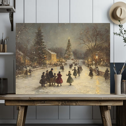 Victorian Christmas Canvas Print – Snowy Village Square, Festive Holiday Gathering - Everything Pixel