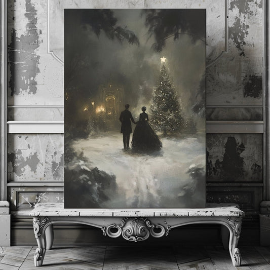 Victorian Christmas Canvas Print - Victorian Couple by Christmas Tree for Cottagecore & Farmhouse Holiday Decor - Everything Pixel