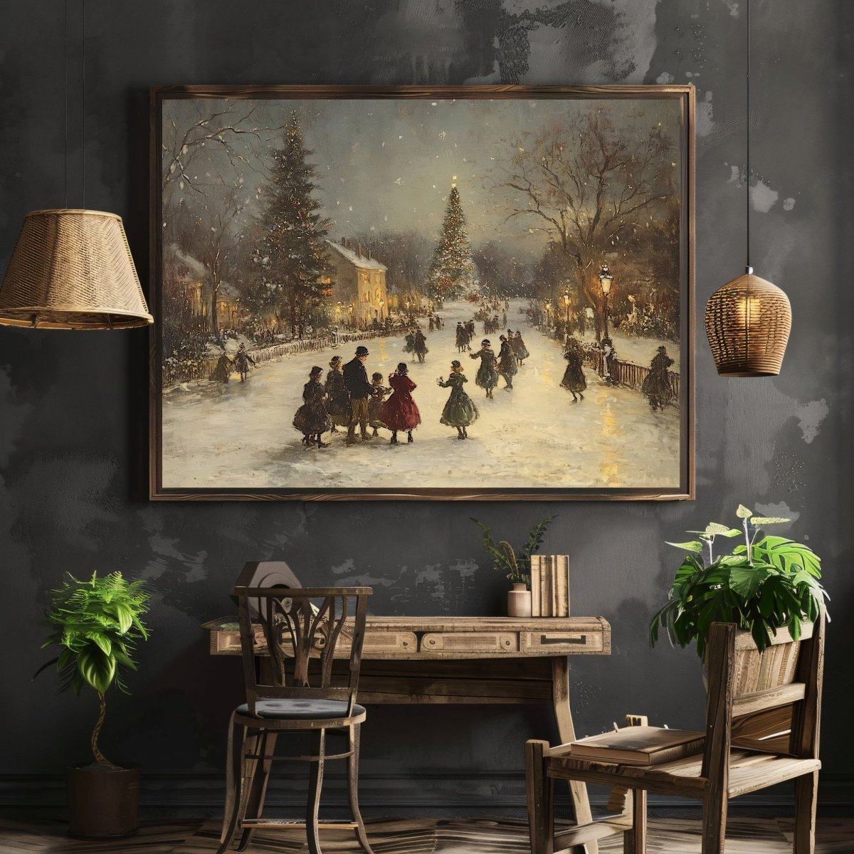 Victorian Christmas Wall Art Print – Festive Snowy Village Square, Warm Holiday Gathering Scene - Everything Pixel