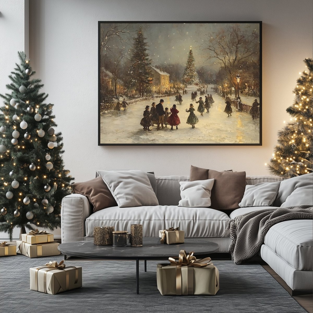 Victorian Christmas Wall Art Print – Festive Snowy Village Square, Warm Holiday Gathering Scene - Everything Pixel