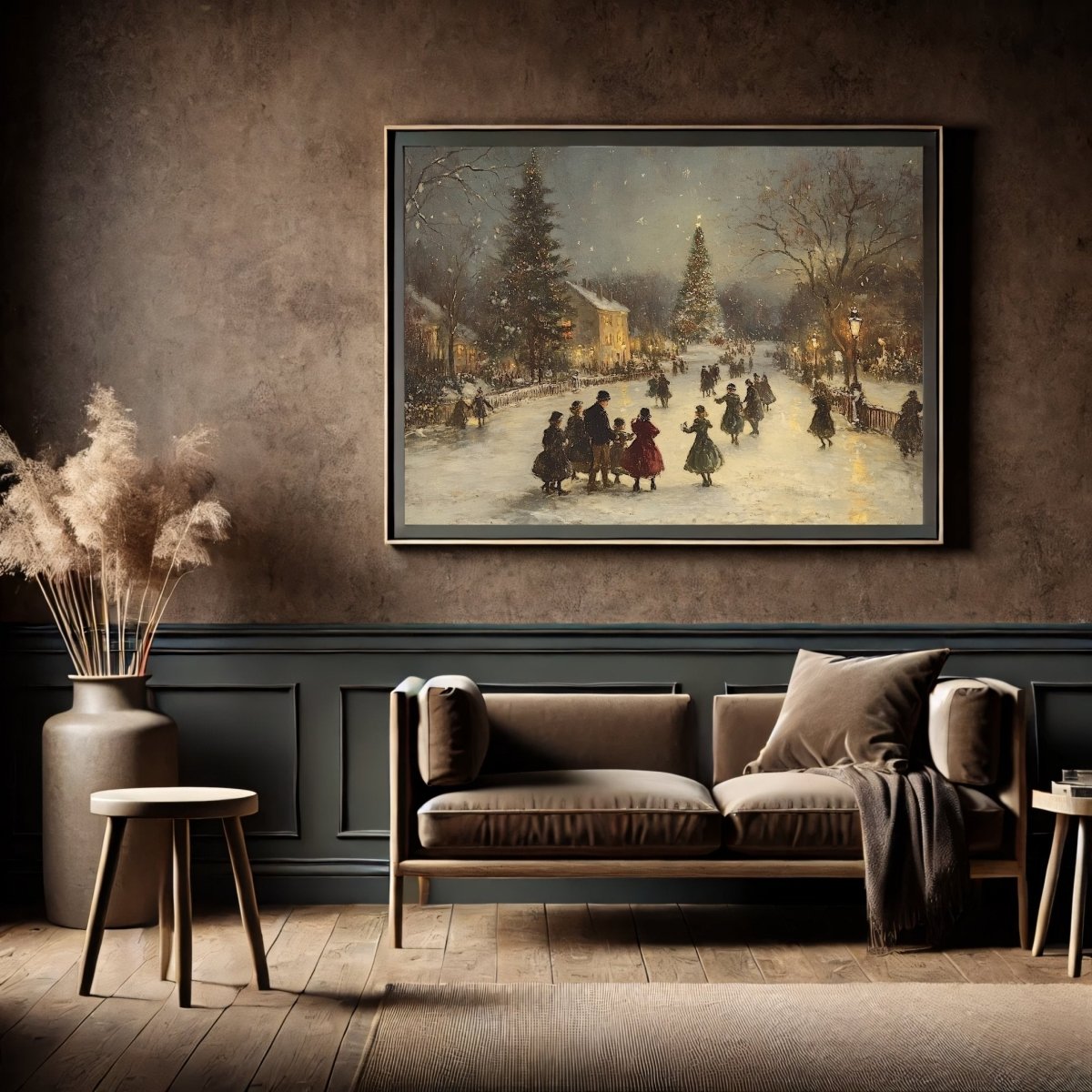 Victorian Christmas Wall Art Print – Festive Snowy Village Square, Warm Holiday Gathering Scene - Everything Pixel