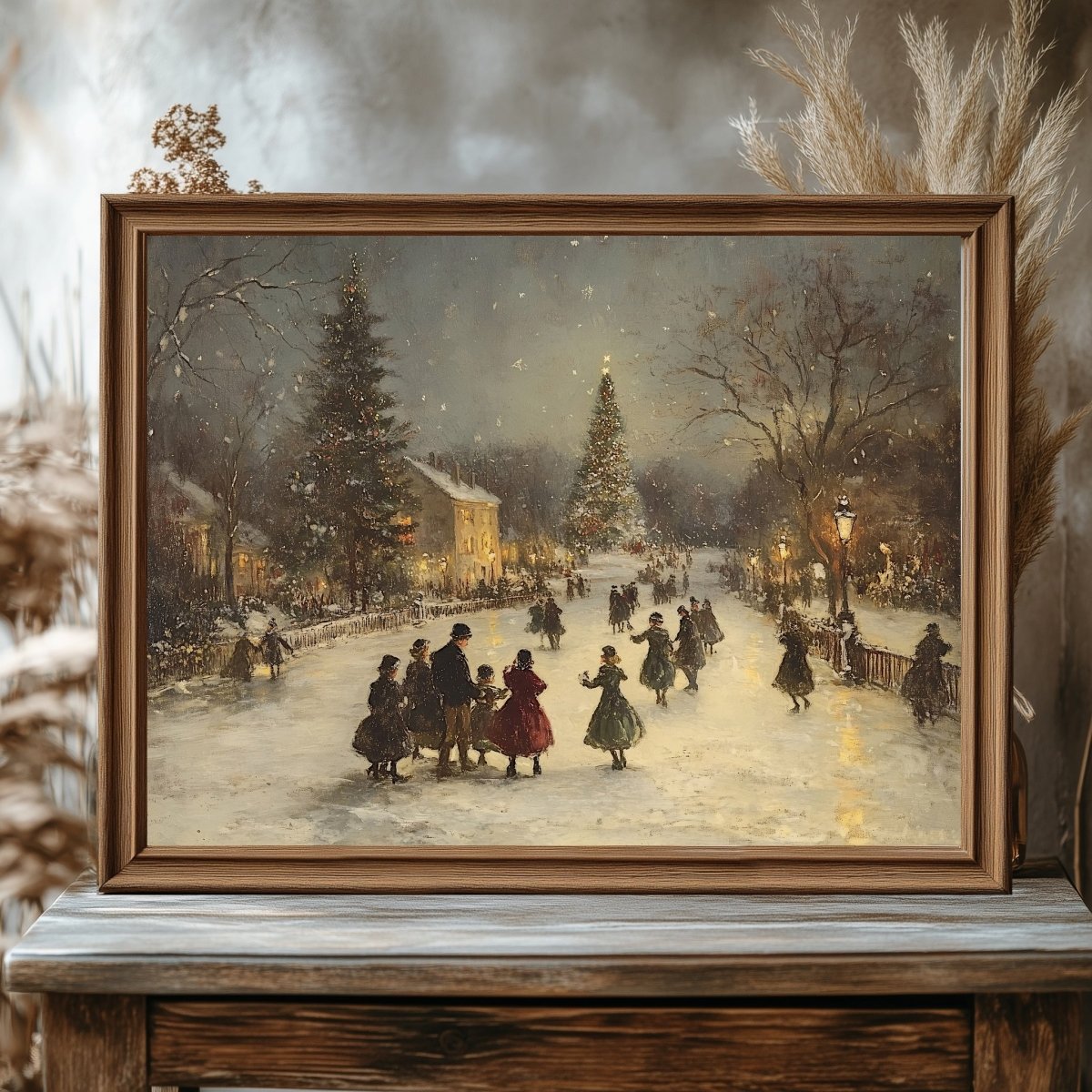 Victorian Christmas Wall Art Print – Festive Snowy Village Square, Warm Holiday Gathering Scene - Everything Pixel