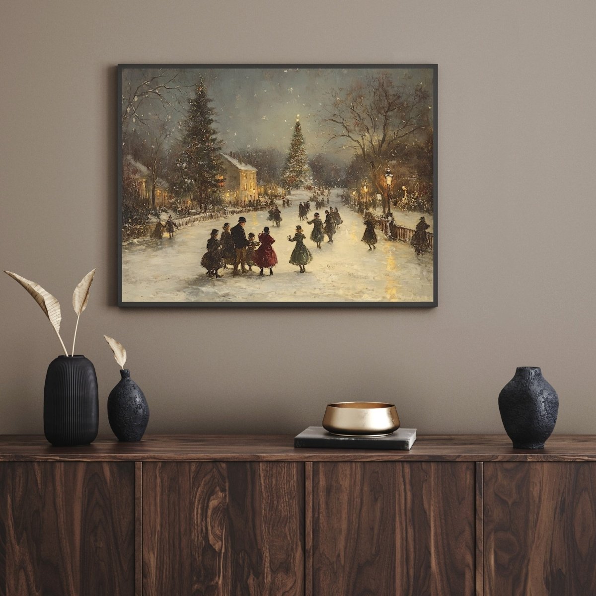 Victorian Christmas Wall Art Print – Festive Snowy Village Square, Warm Holiday Gathering Scene - Everything Pixel