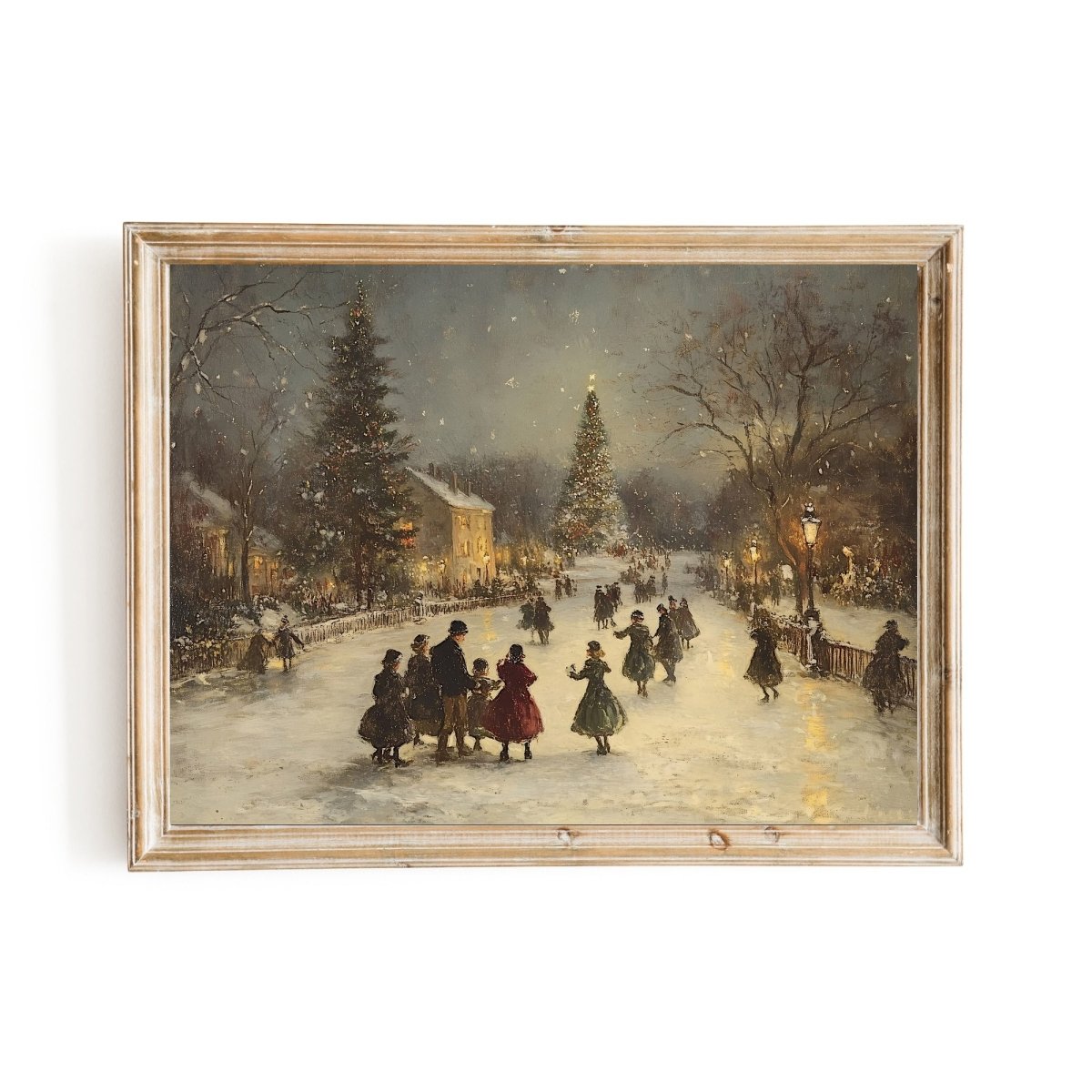 Victorian Christmas Wall Art Print – Festive Snowy Village Square, Warm Holiday Gathering Scene - Everything Pixel