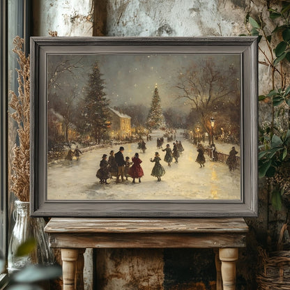 Victorian Christmas Wall Art Print – Festive Snowy Village Square, Warm Holiday Gathering Scene - Everything Pixel