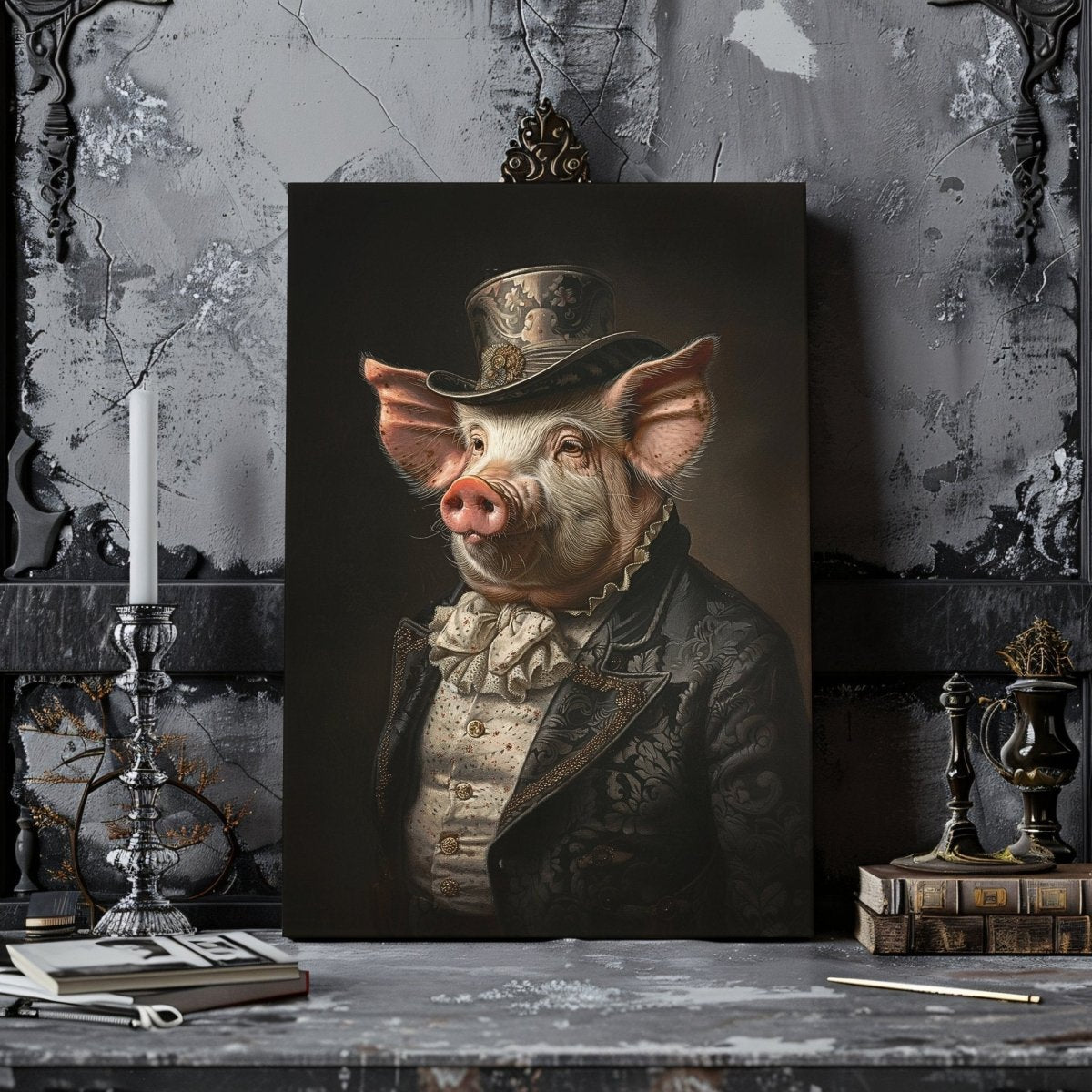 Victorian Pig Gentleman Canvas Print - Quirky Gothic Animal Portrait Art - Everything Pixel