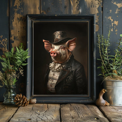 Victorian Pig Gentleman Wall Art Print - Quirky Gothic Animal Portrait Art - Everything Pixel