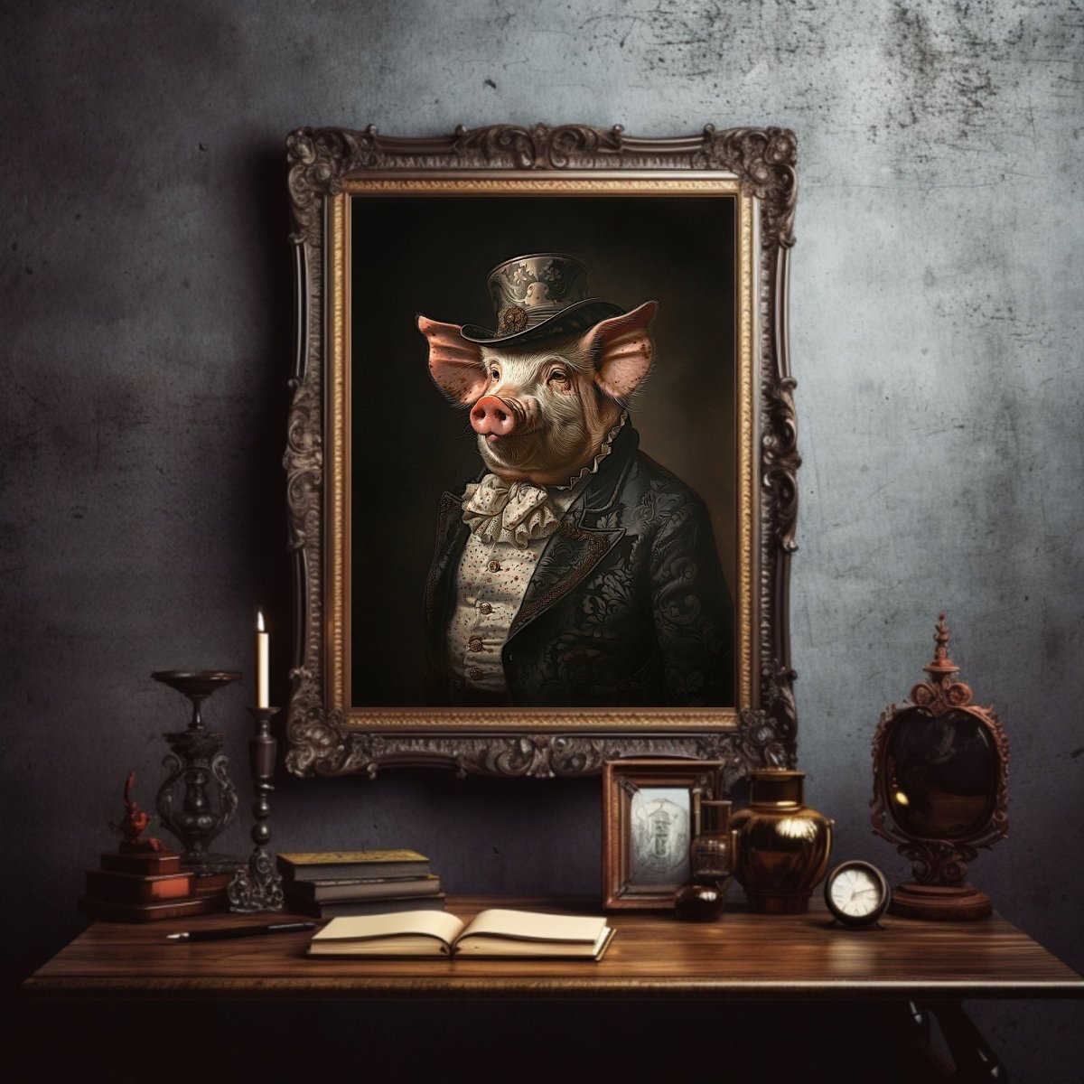 Victorian Pig Gentleman Wall Art Print - Quirky Gothic Animal Portrait Art - Everything Pixel